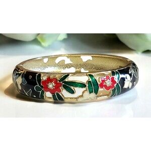 Cloisonne Bangle Bracelet Black Enamel Red Floral Pierced Jiu Long Xing Clamper